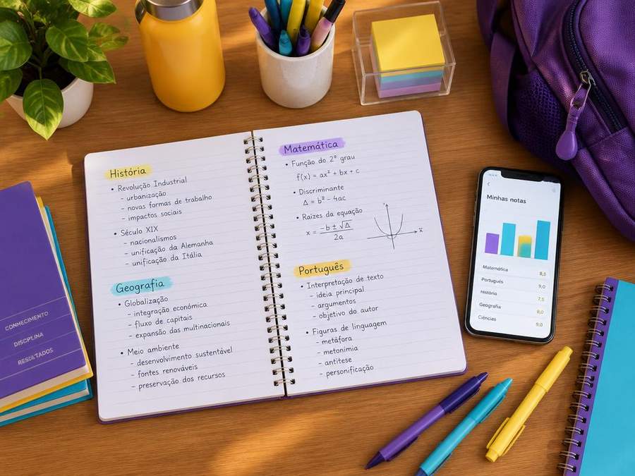 Mesa de estudos com caderno, materiais escolares e celular mostrando notas