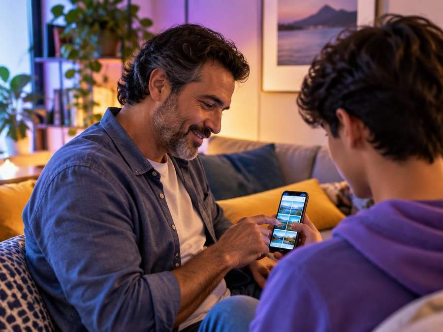 Responsável e adolescente observando juntos a tela de um celular